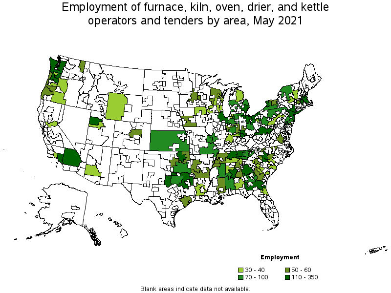 Map of employment of furnace, kiln, oven, drier, and kettle operators and tenders by area, May 2021