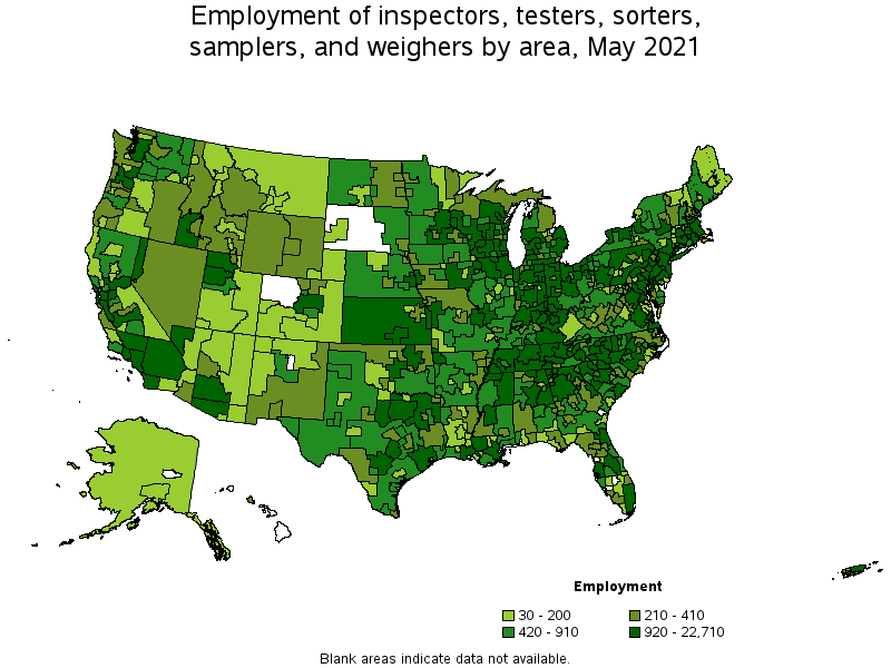 Map of employment of inspectors, testers, sorters, samplers, and weighers by area, May 2021