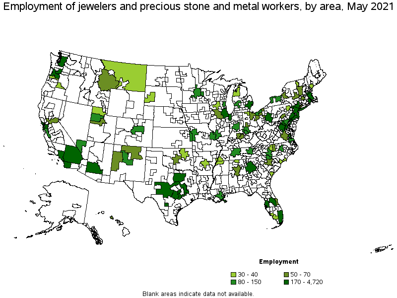 Map of employment of jewelers and precious stone and metal workers by area, May 2021