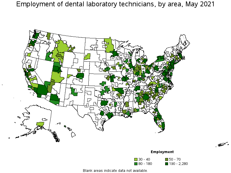 Map of employment of dental laboratory technicians by area, May 2021