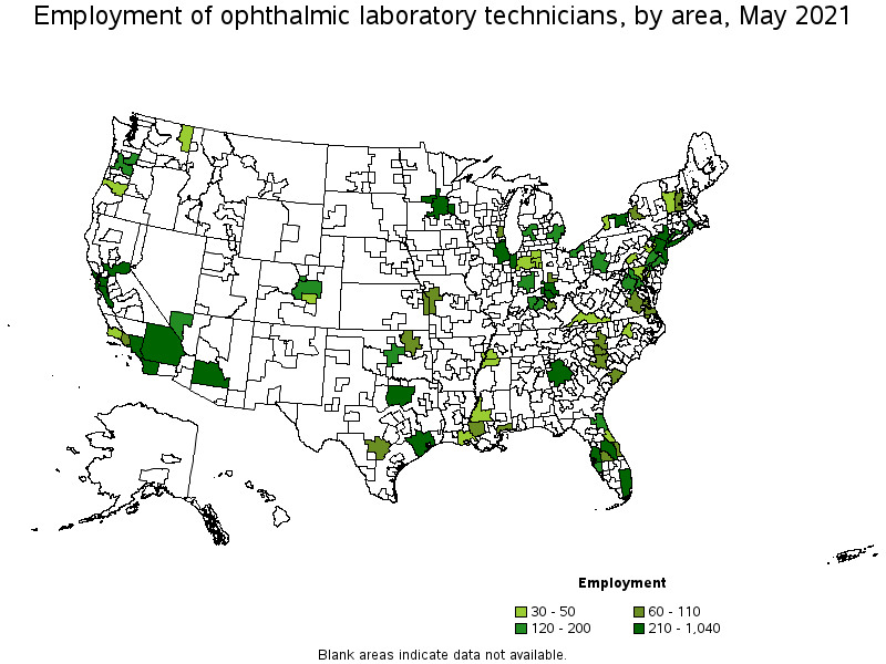 Map of employment of ophthalmic laboratory technicians by area, May 2021