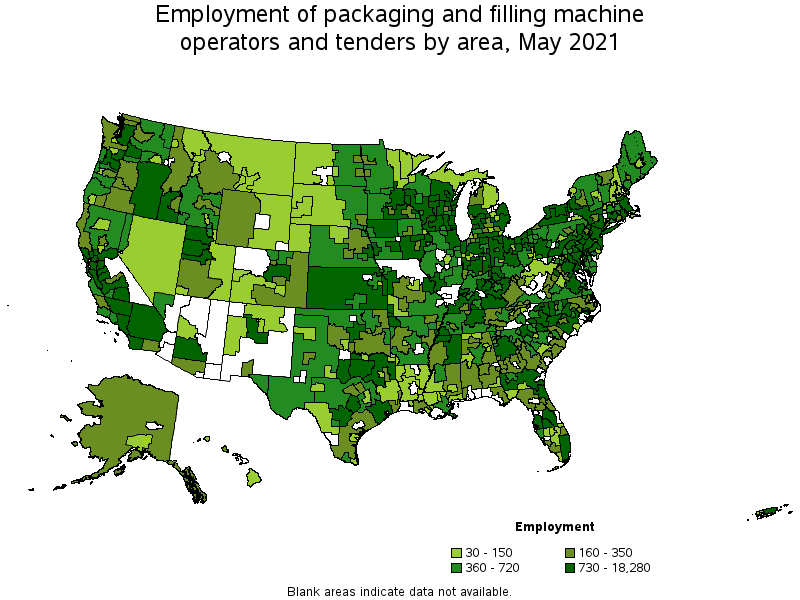 Map of employment of packaging and filling machine operators and tenders by area, May 2021