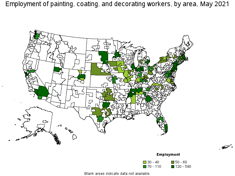 Map of employment of painting, coating, and decorating workers by area, May 2021