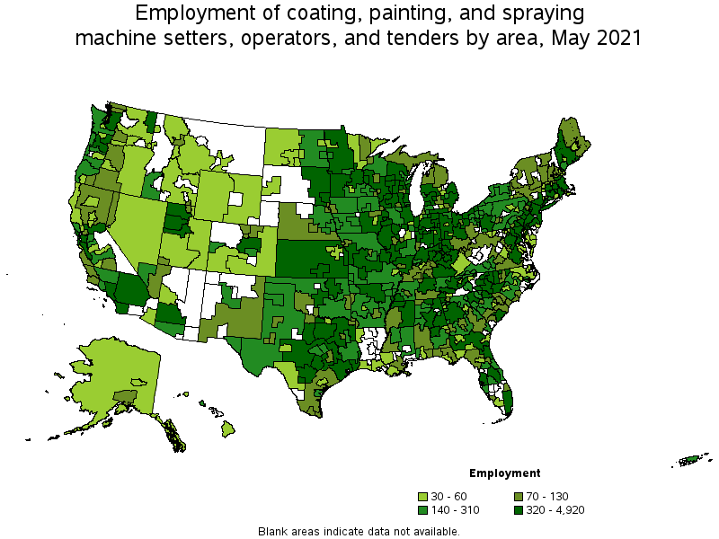 Map of employment of coating, painting, and spraying machine setters, operators, and tenders by area, May 2021