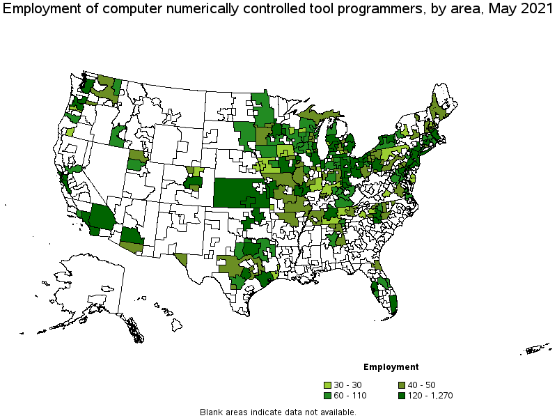 Map of employment of computer numerically controlled tool programmers by area, May 2021