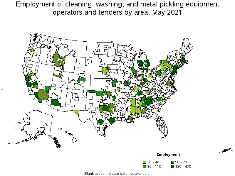 Map of employment of cleaning, washing, and metal pickling equipment operators and tenders by area, May 2021