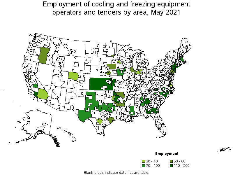 Map of employment of cooling and freezing equipment operators and tenders by area, May 2021