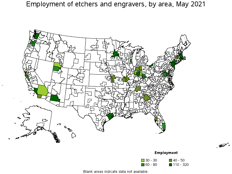 Map of employment of etchers and engravers by area, May 2021