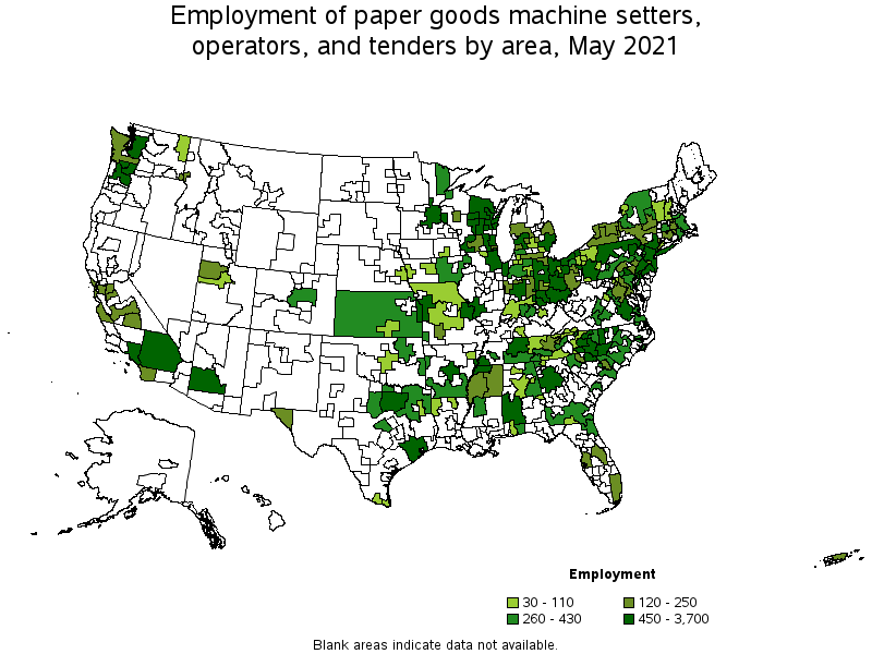 Map of employment of paper goods machine setters, operators, and tenders by area, May 2021
