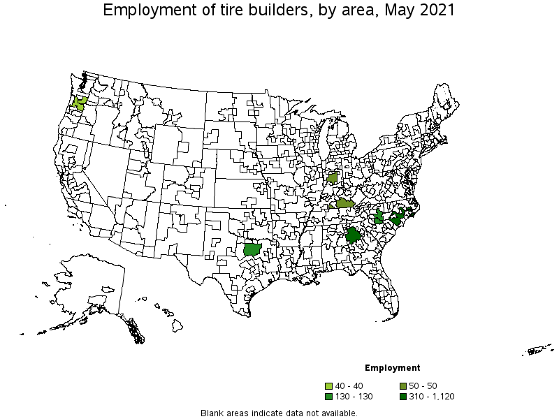 Map of employment of tire builders by area, May 2021