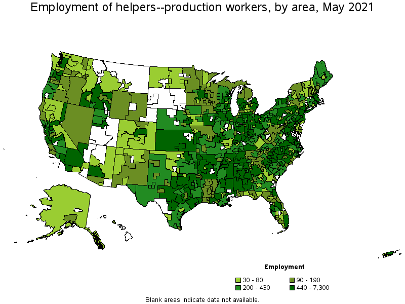 Map of employment of helpers--production workers by area, May 2021