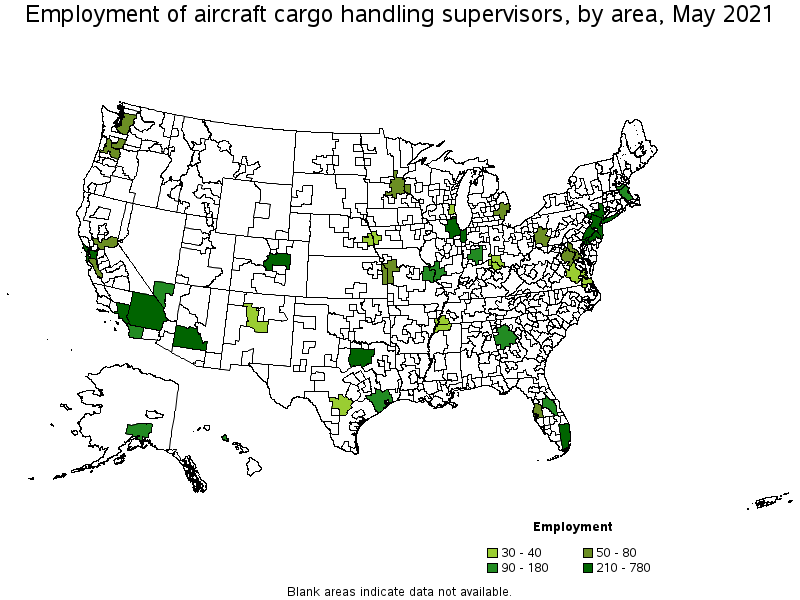 Map of employment of aircraft cargo handling supervisors by area, May 2021