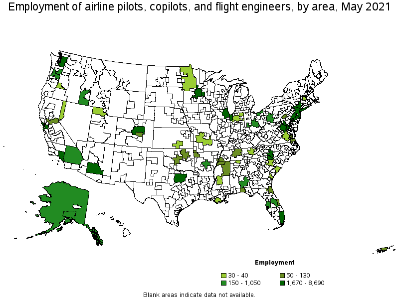 Map of employment of airline pilots, copilots, and flight engineers by area, May 2021