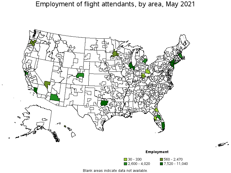 Map of employment of flight attendants by area, May 2021