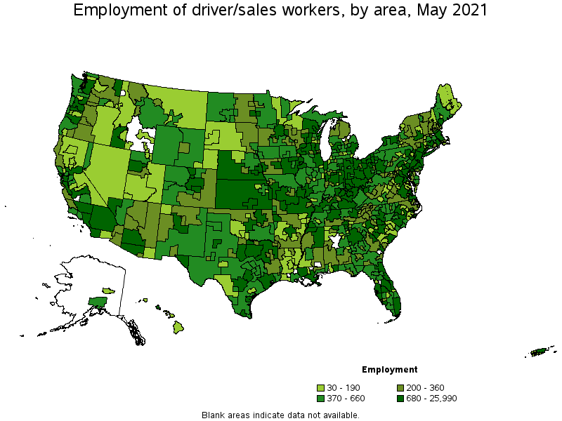 Map of employment of driver/sales workers by area, May 2021
