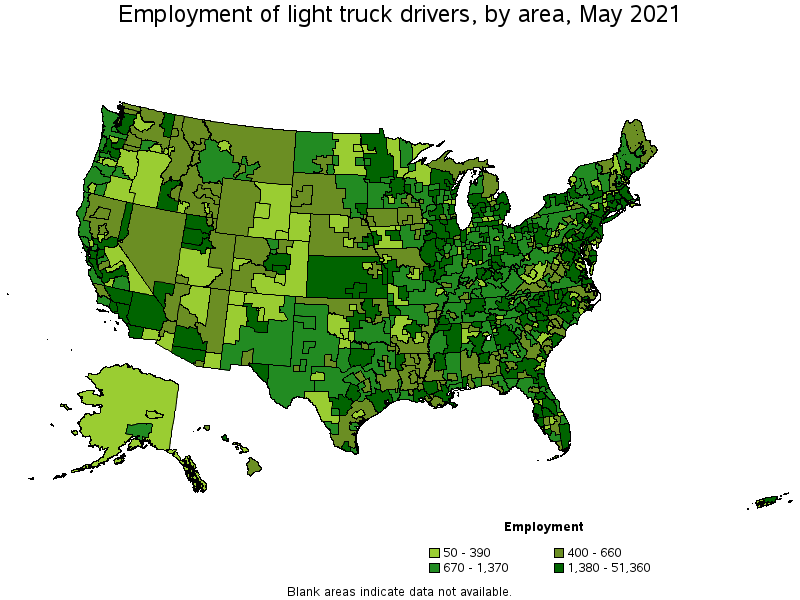 Map of employment of light truck drivers by area, May 2021