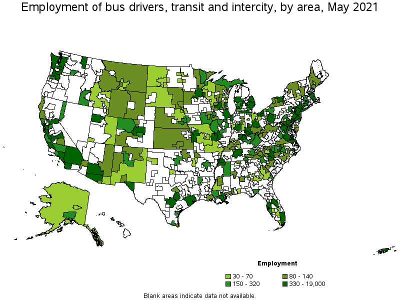 Map of employment of bus drivers, transit and intercity by area, May 2021