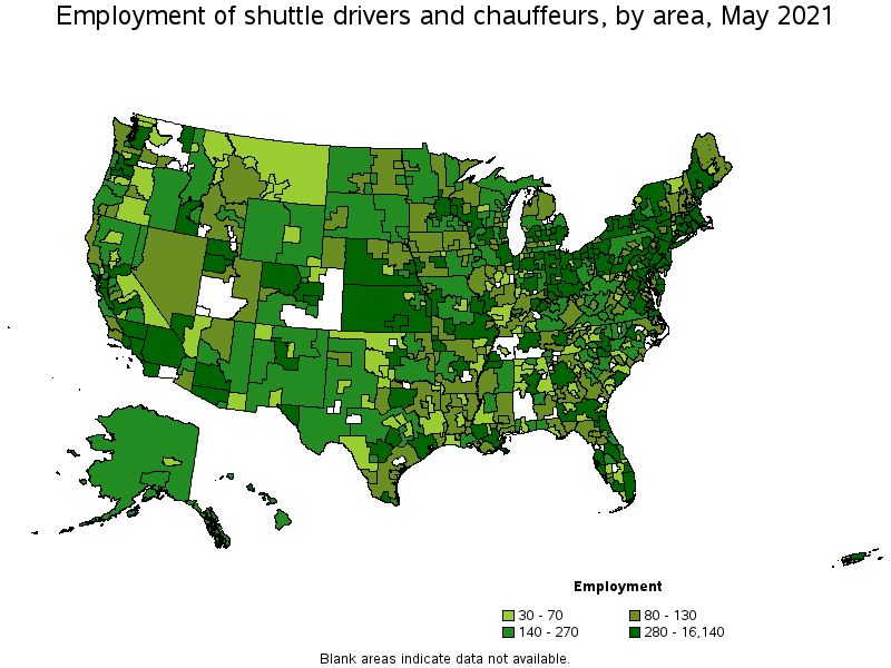 Map of employment of shuttle drivers and chauffeurs by area, May 2021