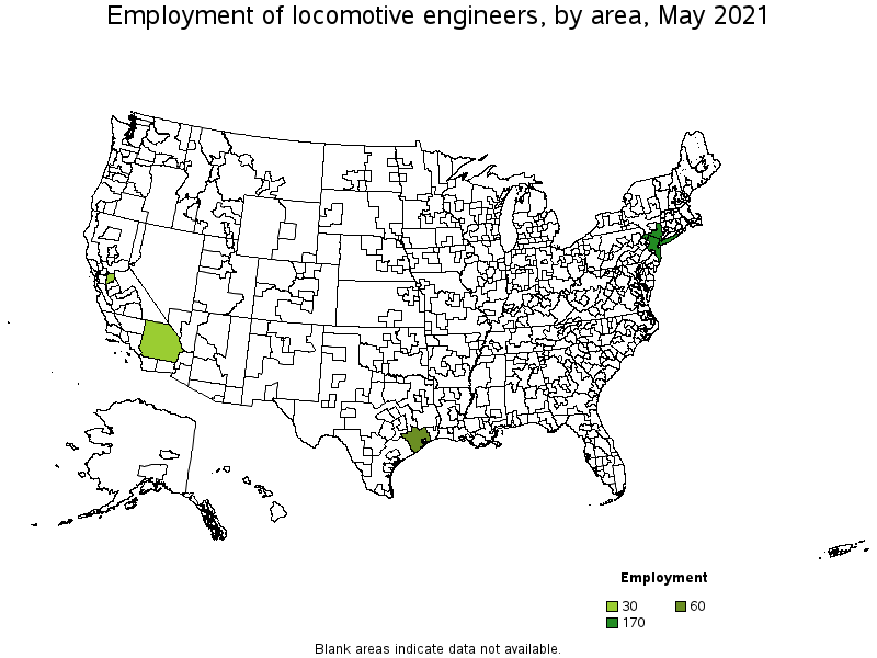 Map of employment of locomotive engineers by area, May 2021