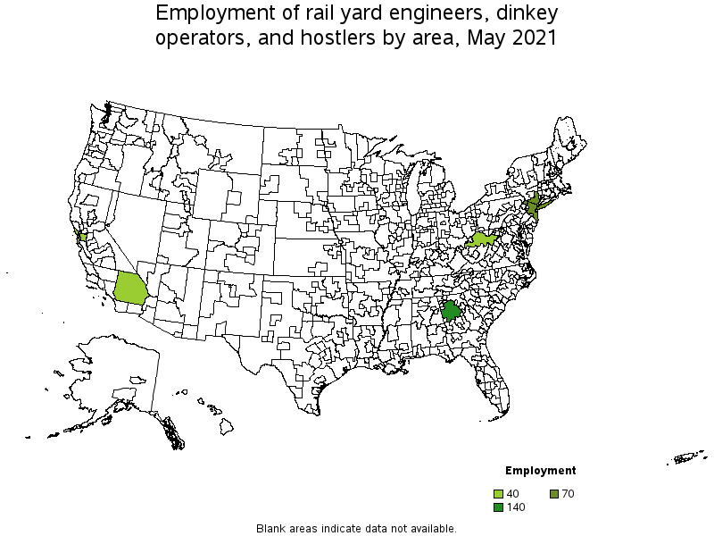 Map of employment of rail yard engineers, dinkey operators, and hostlers by area, May 2021