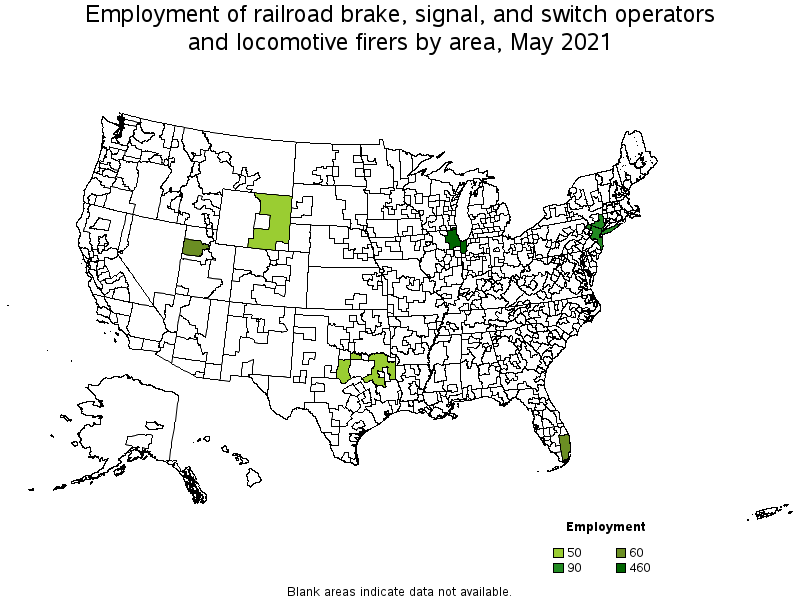 Map of employment of railroad brake, signal, and switch operators and locomotive firers by area, May 2021