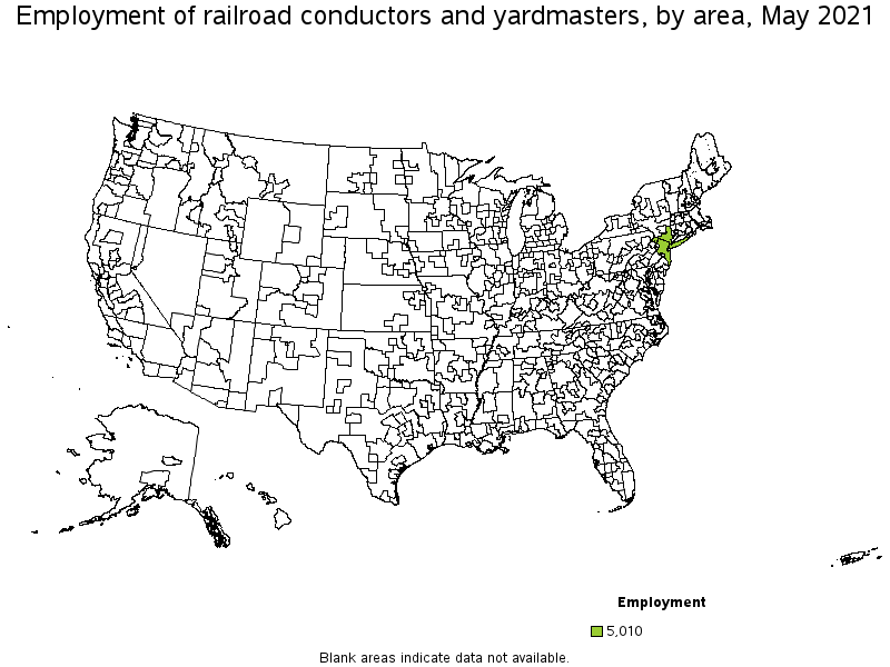 Map of employment of railroad conductors and yardmasters by area, May 2021