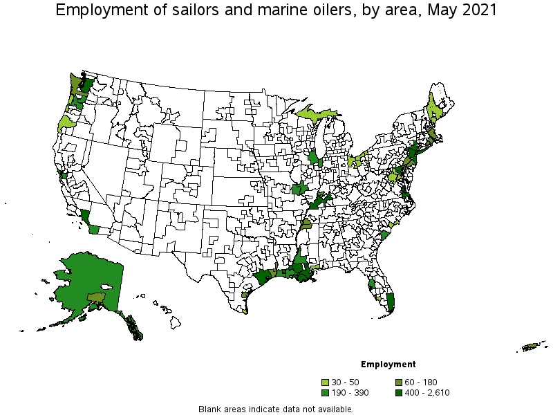 Map of employment of sailors and marine oilers by area, May 2021
