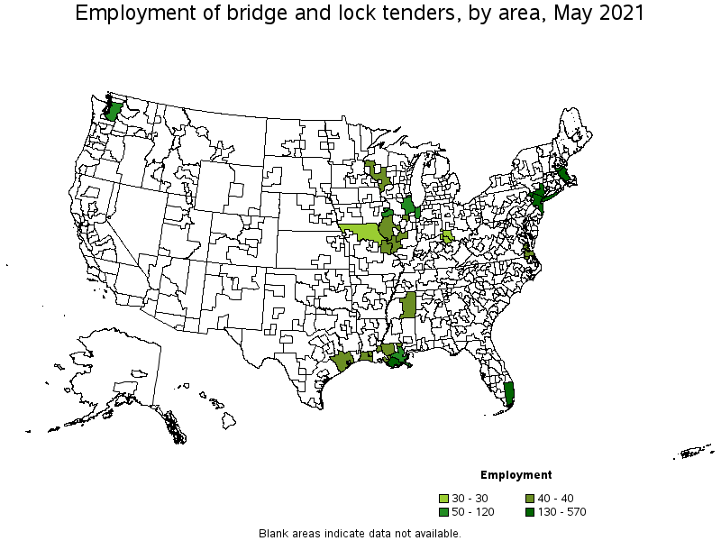 Map of employment of bridge and lock tenders by area, May 2021