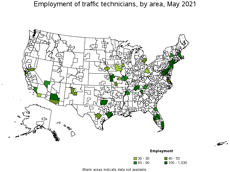 Map of employment of traffic technicians by area, May 2021