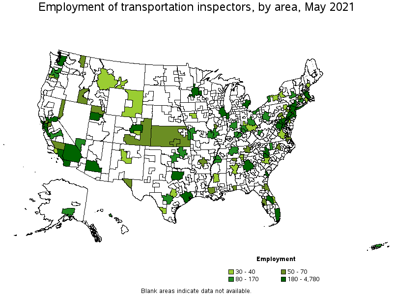 Map of employment of transportation inspectors by area, May 2021