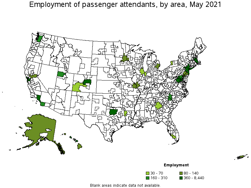 Map of employment of passenger attendants by area, May 2021