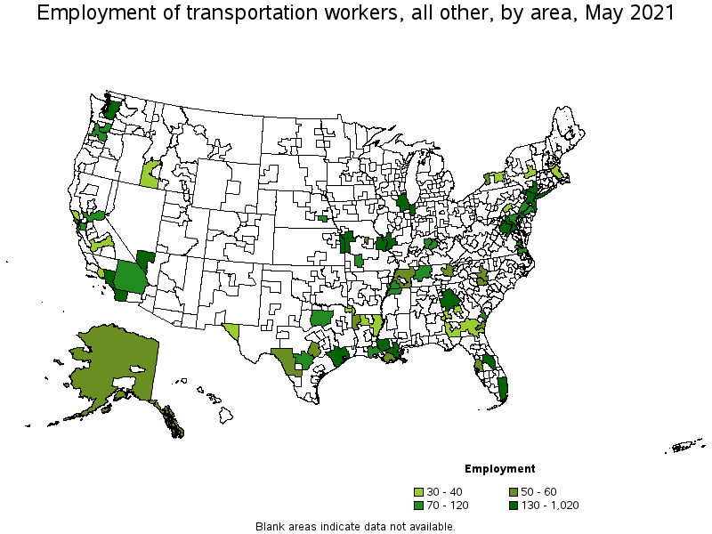 Map of employment of transportation workers, all other by area, May 2021