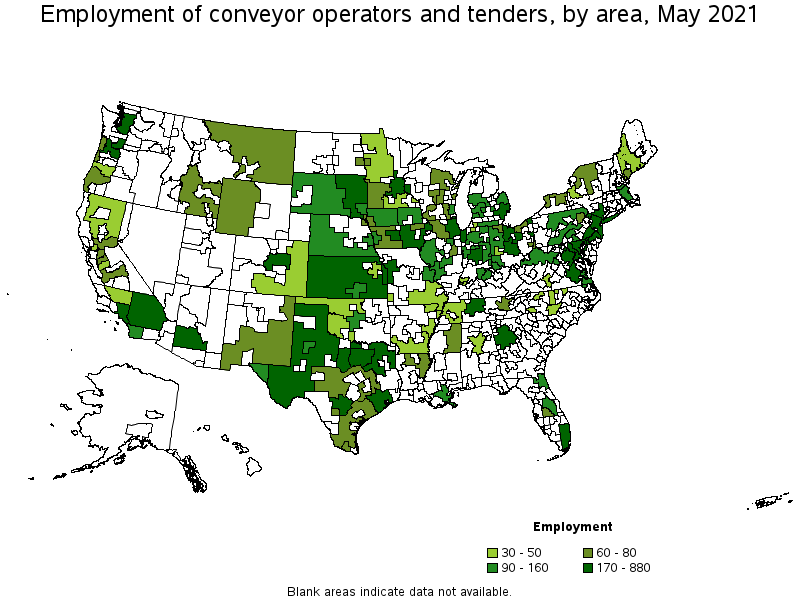 Map of employment of conveyor operators and tenders by area, May 2021