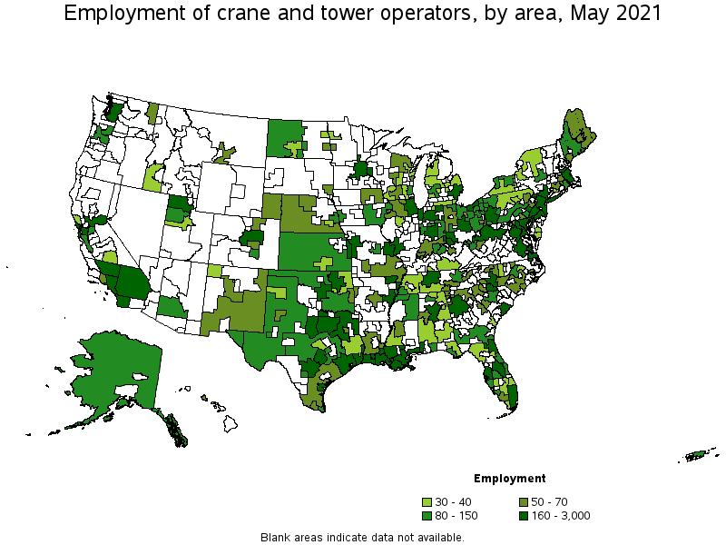 Map of employment of crane and tower operators by area, May 2021
