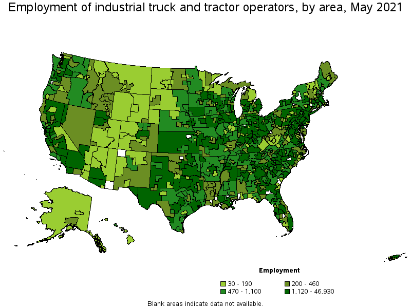 Map of employment of industrial truck and tractor operators by area, May 2021