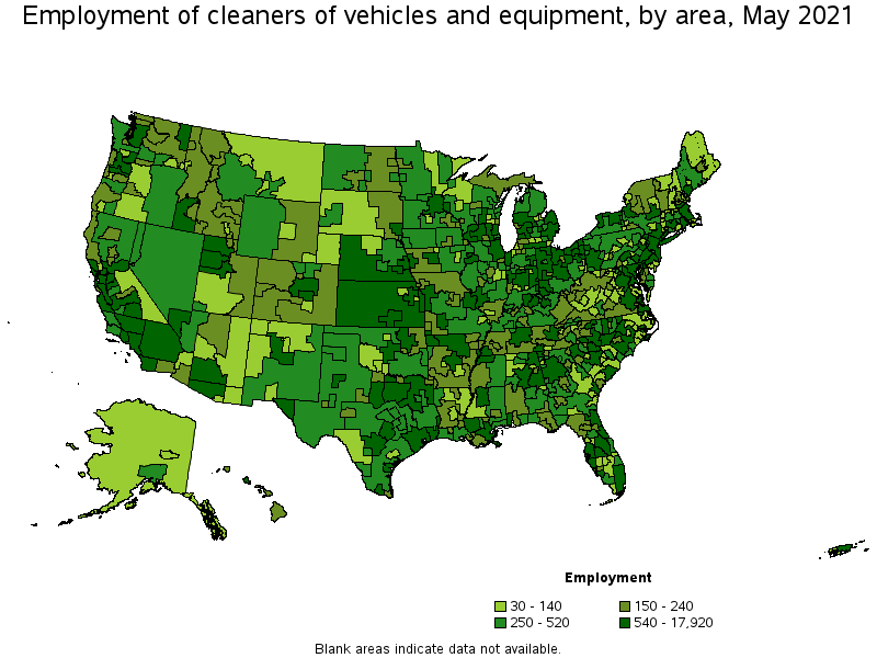 Map of employment of cleaners of vehicles and equipment by area, May 2021