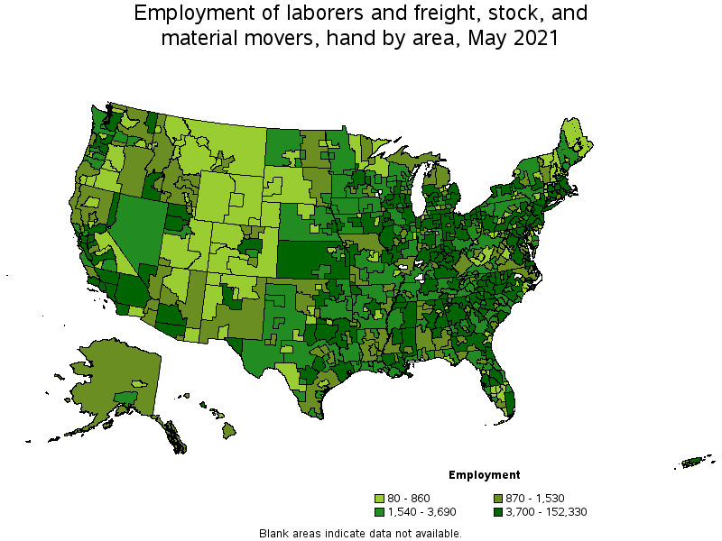 Map of employment of laborers and freight, stock, and material movers, hand by area, May 2021