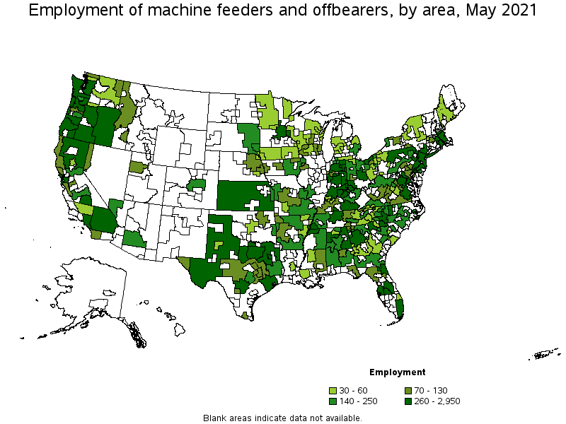 Map of employment of machine feeders and offbearers by area, May 2021