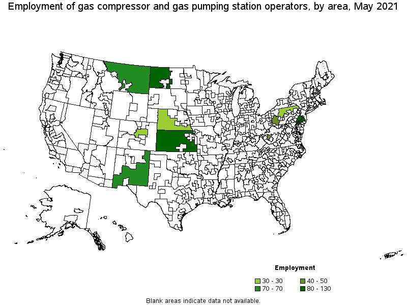 Map of employment of gas compressor and gas pumping station operators by area, May 2021