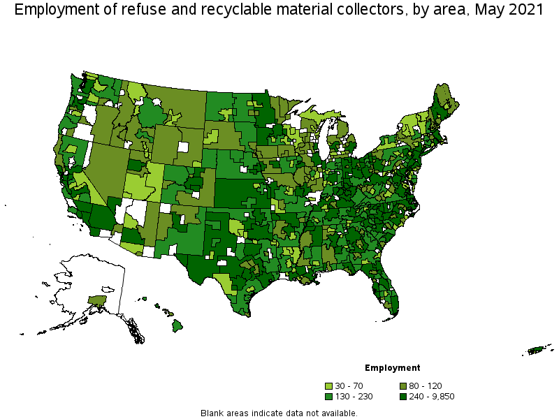 Map of employment of refuse and recyclable material collectors by area, May 2021