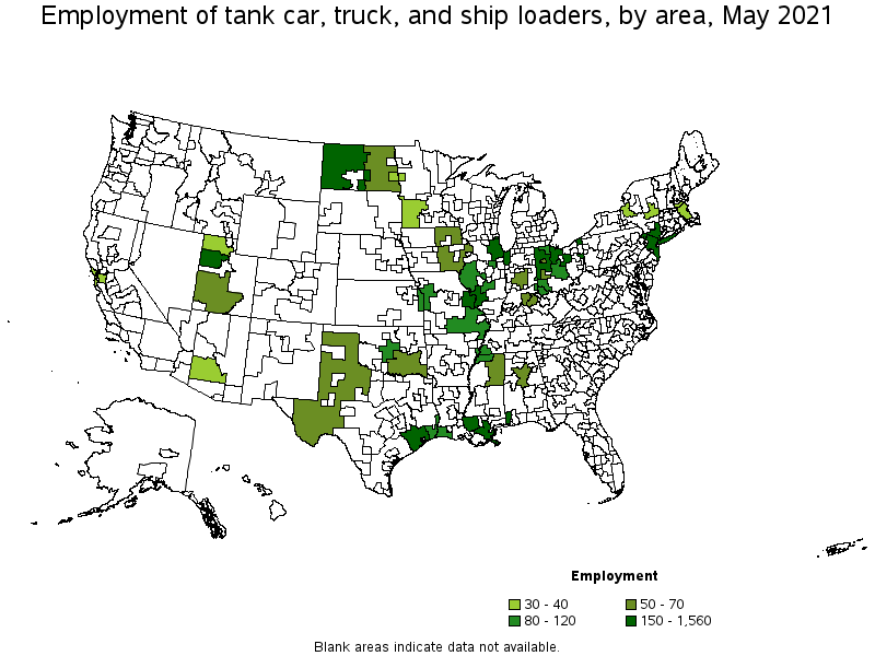Map of employment of tank car, truck, and ship loaders by area, May 2021