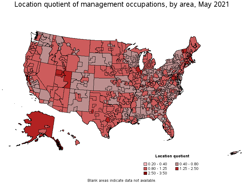 Map of location quotient of management occupations by area, May 2021