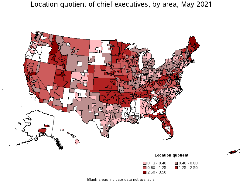 Map of location quotient of chief executives by area, May 2021