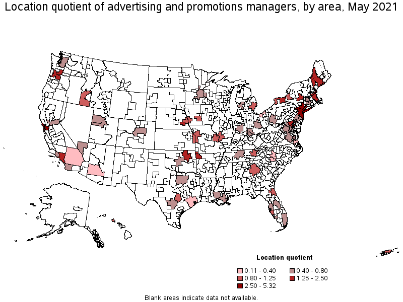 Map of location quotient of advertising and promotions managers by area, May 2021