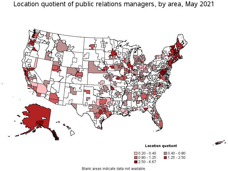 Map of location quotient of public relations managers by area, May 2021