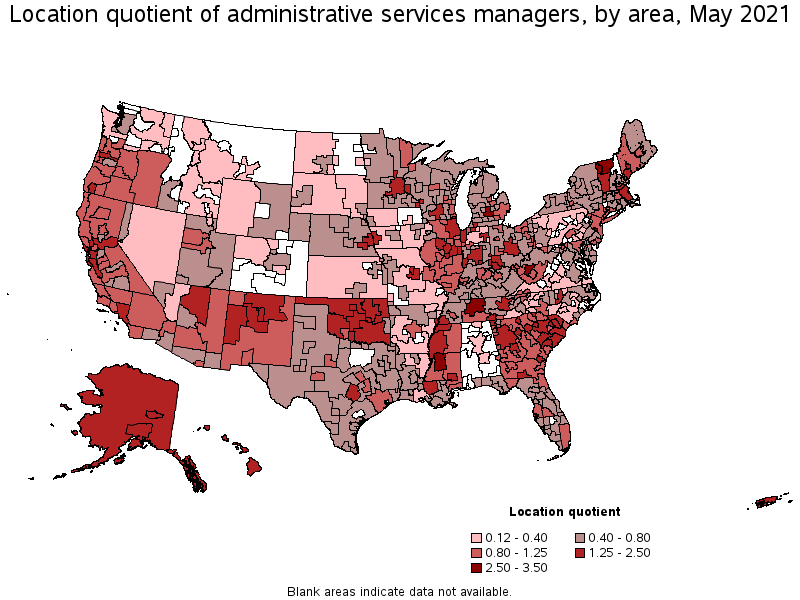 Map of location quotient of administrative services managers by area, May 2021