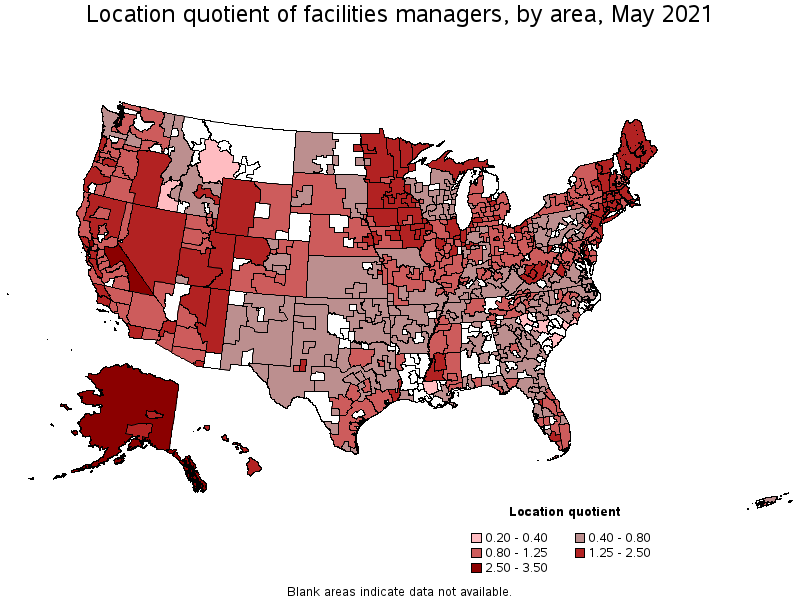 Map of location quotient of facilities managers by area, May 2021