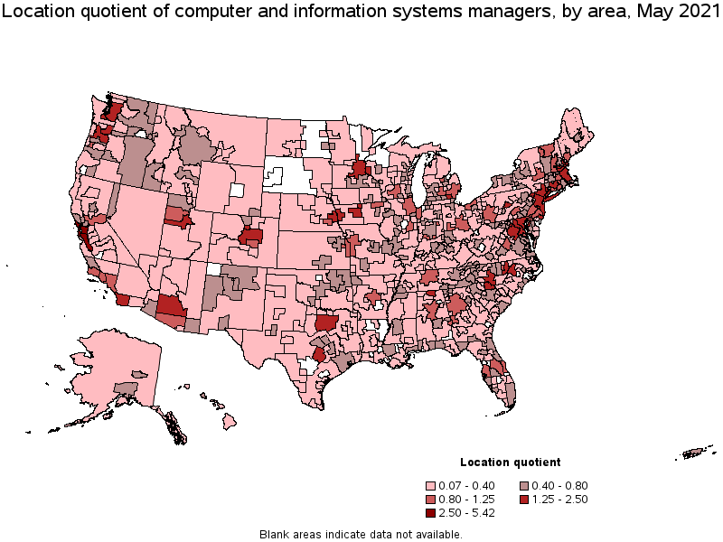 Map of location quotient of computer and information systems managers by area, May 2021