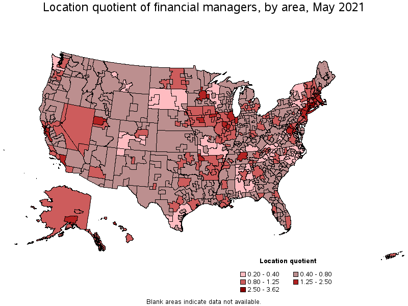 Map of location quotient of financial managers by area, May 2021