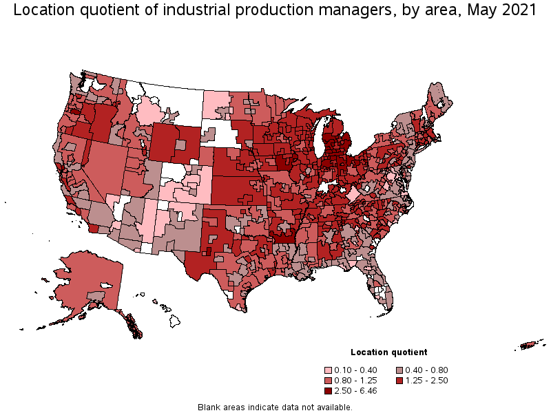 Map of location quotient of industrial production managers by area, May 2021
